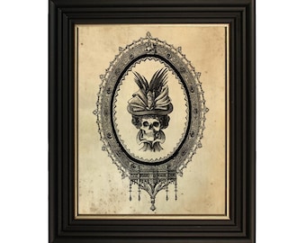 Skull in Bonnet Framed Print, Gothic Halloween Wall Art