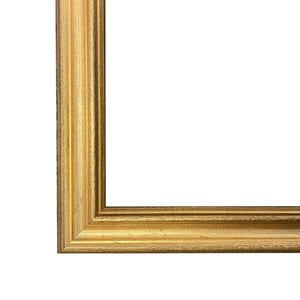 May include: A gold picture frame with a simple, classic design. The frame has a slightly distressed finish, giving it a vintage look.