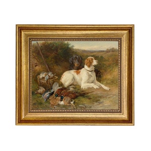 Hunting Dogs Framed Oil Painting Print on Canvas in Antiqued Gold Frame