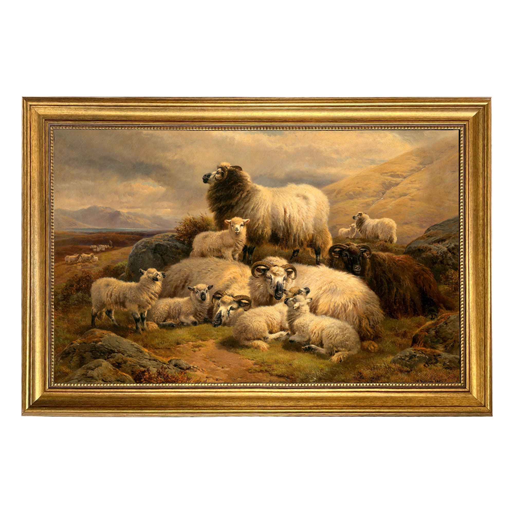 Sheep in Scottish Highlands Framed Oil Painting Print on Canvas, English Country Wall Art, Rustic Farmhouse Decor, Vintage Sheep Print