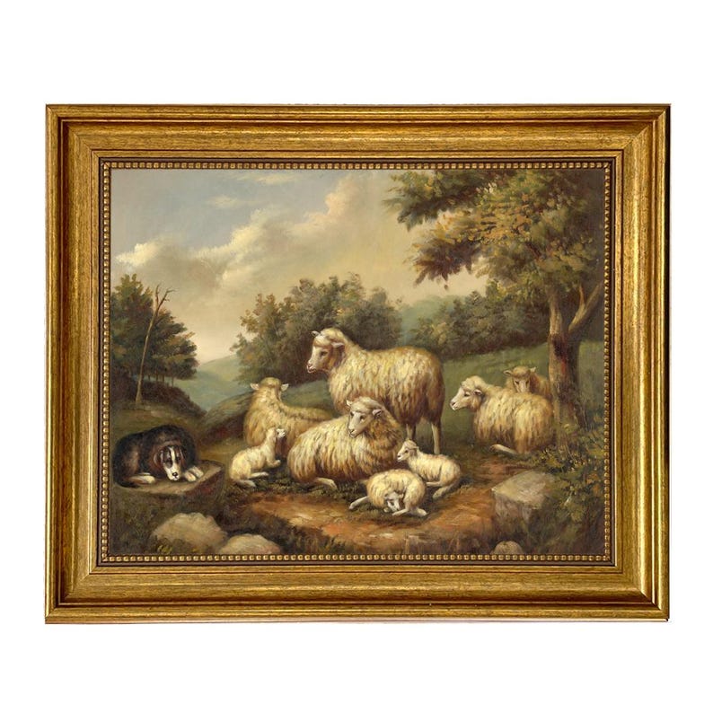 Framed Sheep Oil Painting Print on Canvas, Sheep in Landscape, Pastoral ...