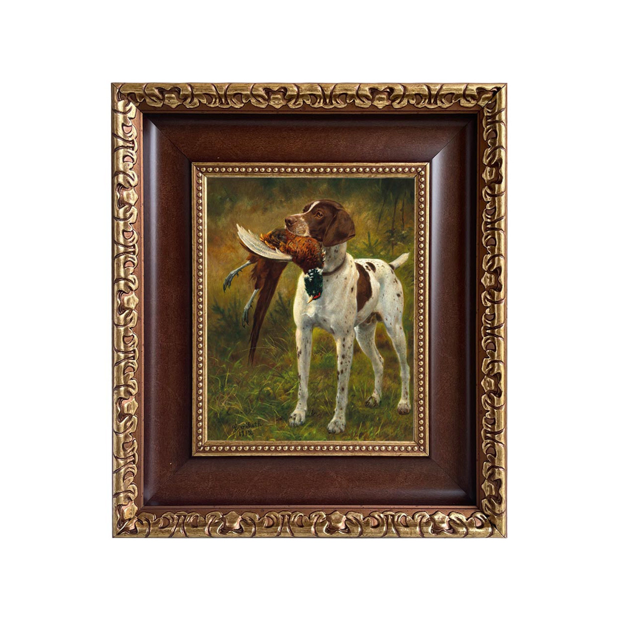 English Pointer with Pheasant Framed Oil Painting Print on Canvas, Hunting Dog Art, Bird Dog Art, Lodge Decor, Cabin Decor