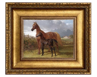 Framed Mare and Foal Canvas Print, Horse Print, Equestrian Wall Art