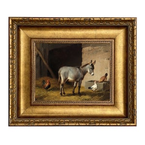 May include: An antique framed painting shows a grey donkey in a barn with chickens and a rooster. The painting is in a gold ornate frame. The donkey is near a water trough, and the chickens are nearby.