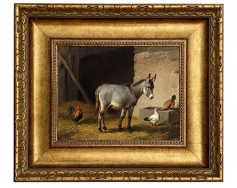 Âne et poulets, impression de peinture à l'huile sur toile encadrée d'animaux de la ferme