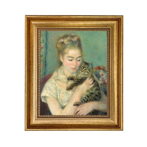 Woman with Cat by Renoir Oil Painting Print on Canvas in Antiqued Gold Frame