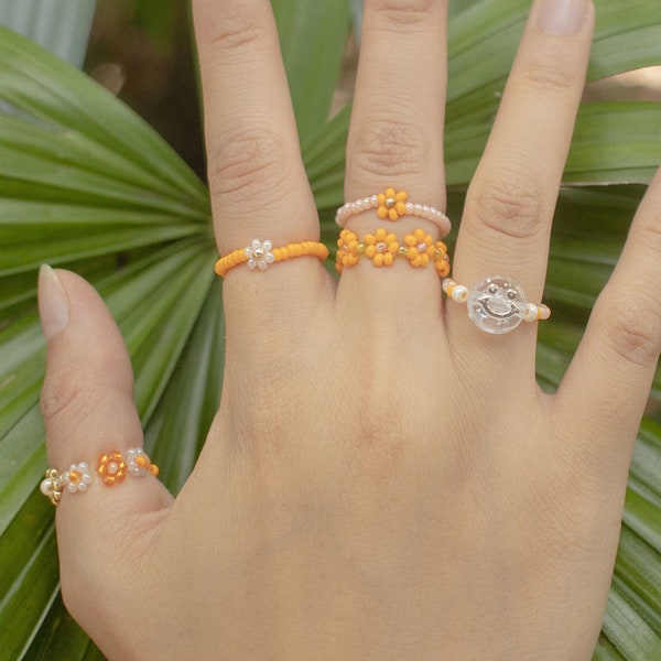 Orange Beaded Rings Collection | Mini Seed Bead Rings | Beaded Retro Rings | Flower Rings