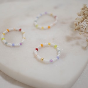 Rainbow Band Beaded Ring | Mini Seed Bead Rings | Beaded Retro Rings | Rainbow Rings