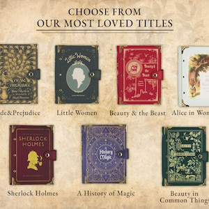 May include: A collage of ten book covers featuring classic literary titles. The covers are designed to look like vintage leather-bound books with gold accents. The titles include Pride & Prejudice, Little Women, Beauty & the Beast, Alice in Wonderland, Sherlock Holmes, A History of Magic, and Beauty in Common Things.