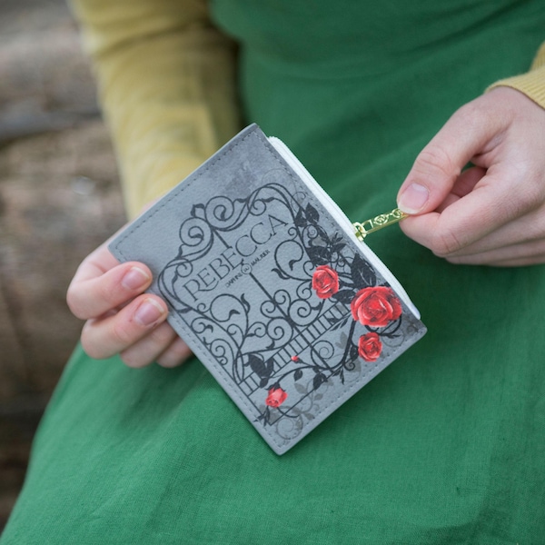 Rebecca Mini-Buchgeldbörse, Geschenk für Bücherliebhaber, Buch-Münzbeutel, Daphne du Maurier, handgefertigtes Geschenk, Kartenhalter, Münzbeutel, Horror-Reißverschlusstasche