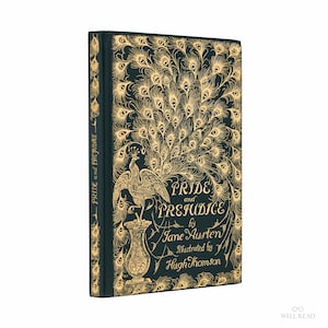 May include: A hardcover book titled "Pride and Prejudice" by Jane Austen. The cover is dark green with gold peacock feather and peacock illustrations. The spine also features the title. Illustrated by Hugh Thomson.