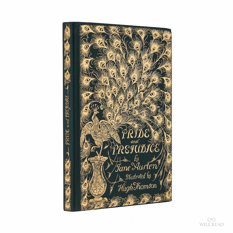 May include: A hardcover book titled "Pride and Prejudice" by Jane Austen. The cover is dark green with gold peacock feather and peacock illustrations. The spine also features the title. Illustrated by Hugh Thomson.
