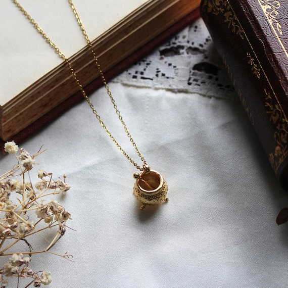 The Encyclopedia of Potion Making Gold/Silver Cauldron Necklace, Witchy Apothecary Jewellery, Victorian Gothic Fantasy Gift for Book Lover