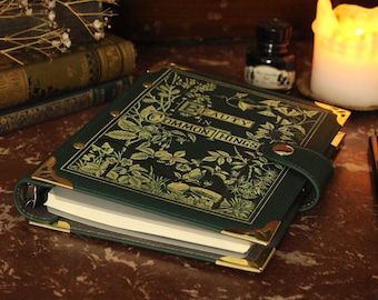 May include: A green leather-bound journal with gold accents and a title that reads "Beauty in Common Things". The journal is closed and lying on a dark brown surface.