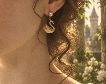 Hans Christian Andersen Gold/Silver Swan Earrings, Faux Pearl Drop Earrings, Fairy Tale Bookish Jewellery, Wild Swans Literary Gift