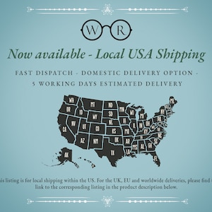 May include: A map of the United States with states outlined in black. The text "Now available - Local USA Shipping" is at the top of the image. The text "FAST DISPATCH - DOMESTIC DELIVERY OPTION - 5 WORKING DAYS ESTIMATED DELIVERY" is below the map. The text "This listing is for local shipping within the US. For the UK, EU and worldwide deliveries, please find the link to the corresponding listing in the product description below." is at the bottom of the image.