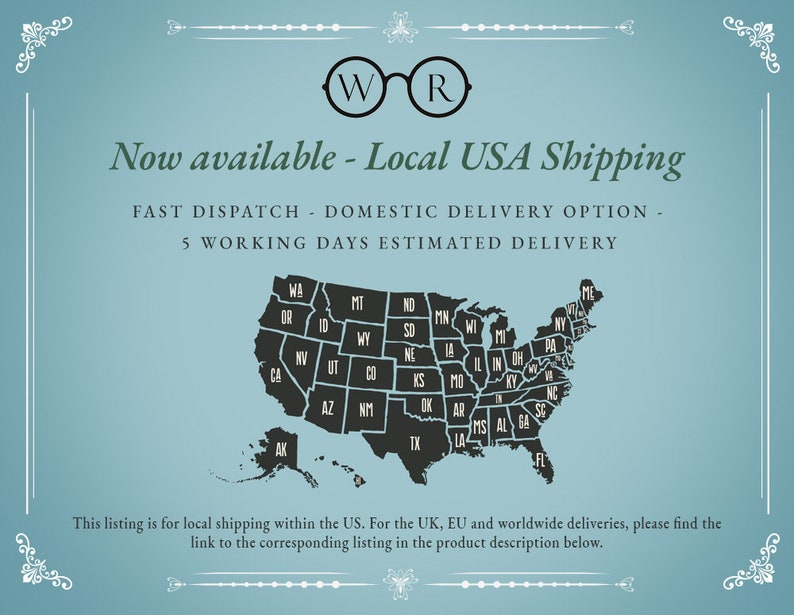 May include: A map of the United States with states outlined in black. The text "Now available - Local USA Shipping" is at the top of the image. The text "FAST DISPATCH - DOMESTIC DELIVERY OPTION - 5 WORKING DAYS ESTIMATED DELIVERY" is below the map. The text "This listing is for local shipping within the US. For the UK, EU and worldwide deliveries, please find the link to the corresponding listing in the product description below." is at the bottom of the image.