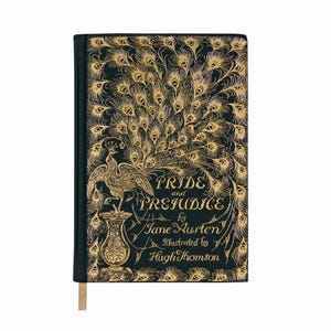 May include: A hardcover book titled "Pride and Prejudice" by Jane Austen, illustrated by Hugh Thomson. The cover is dark teal with gold peacock feather and peacock illustrations. A gold bookmark is attached.