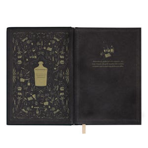 May include: Open journal with black pages and gold illustrations. The left page features a large bottle illustration with the text "This journal belongs to". The right page has text about witches and alchemy. A cream-colored ribbon bookmark is visible.