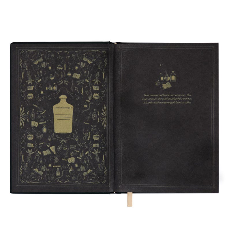 May include: Open journal with black pages and gold illustrations. The left page features a large bottle illustration with the text "This journal belongs to". The right page has text about witches and alchemy. A cream-colored ribbon bookmark is visible.