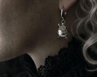 The Encyclopedia of Potion Making Gold/Silver Earrings, Cauldron Witchy Jewellery, Dark Academia Fantasy Gift for Book Lovers, Unique Gift