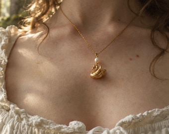 Hans Christian Andersen Gold/Silver Swan Necklace, Fairy Tale Faux Pearl Pendant, The Wild Swans Bookish Jewellery, Literary Gift for Her