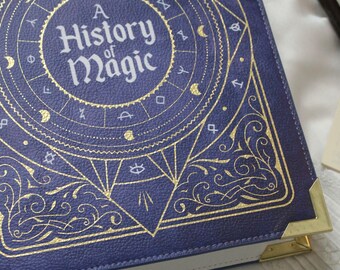 Luxury Gold Foiled A History of Magic Book Handbag, Purple Vegan Leather Crossbody, Witchy Tarot Purse, Fantasy Wizard Gift for Her