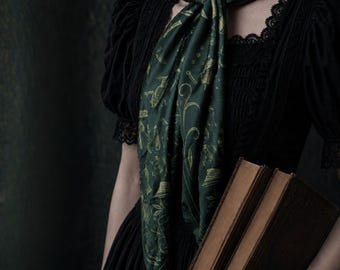 Green Potion Making Scarf, Victorian Apothecary Literary Accessory, Dark Academia Scarf