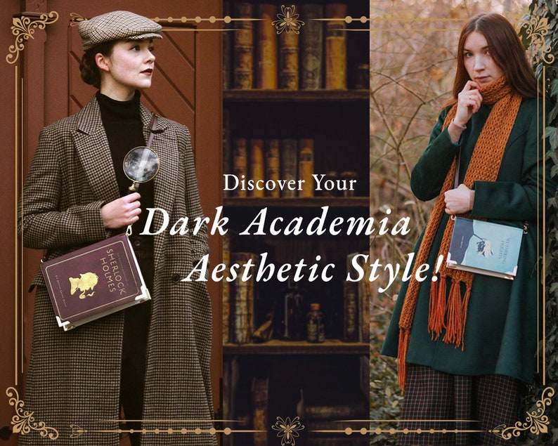 Puede incluir: Dos personas vestidas con estilo dark academia. Una persona lleva un abrigo de tweed marr&oacute;n, una gorra de newsboy marr&oacute;n y una mochila con forma de libro con una lupa. La otra persona lleva un abrigo verde, una bufanda marr&oacute;n y una bolsa con forma de libro. El texto "Discover Your Dark Academia Aesthetic Style!" se muestra en el centro de la imagen.