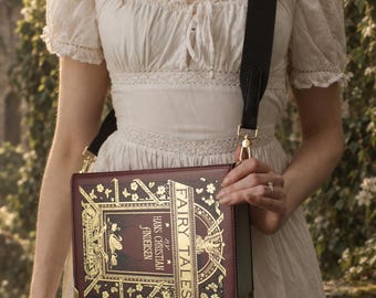 Hans Christian Andersen Gold Foiled Book Handbag, Fairy Tale Swan Crossbody Purse, Vegan Leather Book Bag, Literary Gift for Her