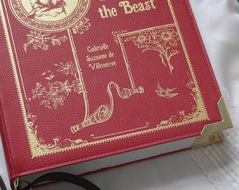 Luxury Gold Foiled Beauty and the Beast Book Handbag, Red Vegan Leather Crossbody, Fairy Tale Literary Purse, Romantic Gift for Her