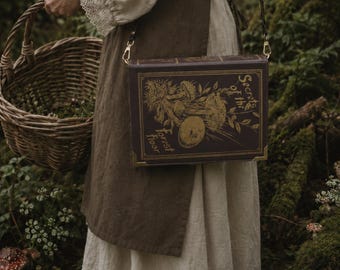 Gold Foiled Mushroom Book Handbag, Vegan Leather Forest Crossbody Purse