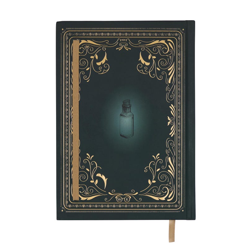 May include: A dark green journal with a gold-colored ornate frame and a glowing potion bottle illustration on the cover. The journal has a gold-colored spine and a tan ribbon bookmark.
