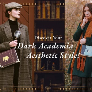 May include: An advertisement for dark academia style. Two people are shown wearing vintage-inspired clothing. One holds a magnifying glass and a book titled "Sherlock Holmes." The text reads "Discover Your Dark Academia Aesthetic Style!"