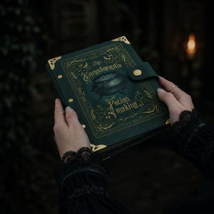 Może przedstawiać: Ciemnozielona książka zatytułowana "The Encyclopedia of Potion Making" ze złotymi detalami i ilustracją kotła. Książka ma złote zapięcie i ochraniacze narożników. Książka jest trzymana przez osobę noszącą czarny koronkowy rękaw.