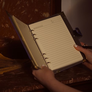 May include: A brown leather bound notebook with gold rings and a cream colored lined paper interior. The notebook is open and the pages are blank. The notebook has the words "No." and "Date" printed on the top right corner.