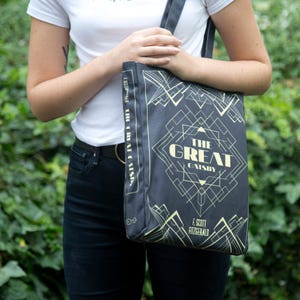 The Great Gatsby Bag, Book Tote Bag, Art Deco Bag, Librarian Bag, Black Tote Bag, Beach Tote Bag, Laptop Bag, Book Purse Bag, Shopping Bag image 2