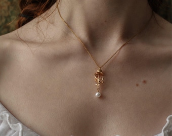 May Morris's Arts & Crafts Gold/Silver Necklace, Botanical Faux Pearl Pendant, William Morris Gift, Ashmolean Museum Literary Jewellery
