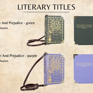 May include: Two book-shaped purses with a peacock design. The purse on the left is green and the purse on the right is purple. Both purses have a gold-coloured clasp and a brown strap. The front of the purses feature the text "Pride and Prejudice" by Jane Austen.
