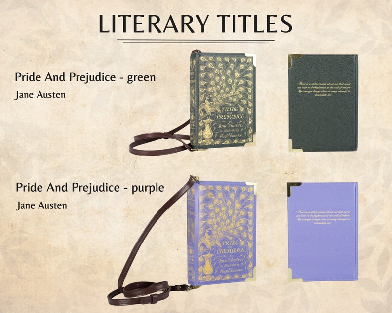 May include: Two book-shaped purses with a peacock design. The purse on the left is green and the purse on the right is purple. Both purses have a gold-coloured clasp and a brown strap. The front of the purses feature the text "Pride and Prejudice" by Jane Austen.