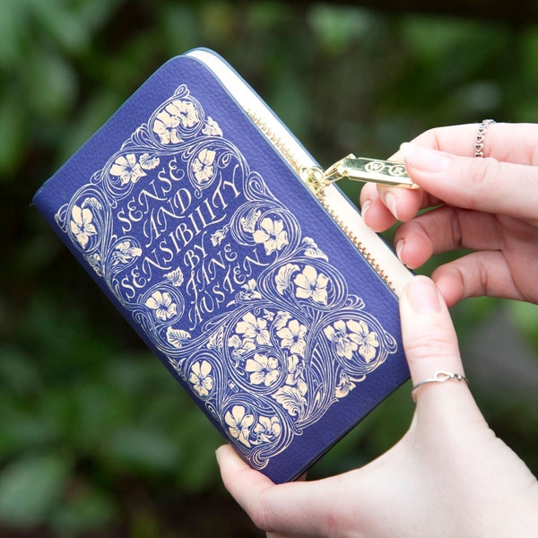 Cartera de libros Jane Austen, Monedero de libros de sentido y sensibilidad, Cartera con cremallera, Regalo literario, Embrague de libros, Bolsa de portada de libros, Cartera victoriana