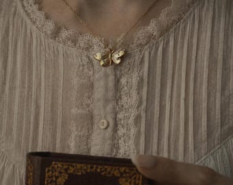 Moth and Butterfly Gold Pendant Necklace, Dainty Charm Necklace, Whimsigoth Gothic Jewellery, Nature Inspired Gift for Her, Bookish Pendant