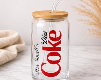 Personalised Coke, Dr Pepper, Diet Coke inspired Glass Tumbler | Bamboo Lid Glass
