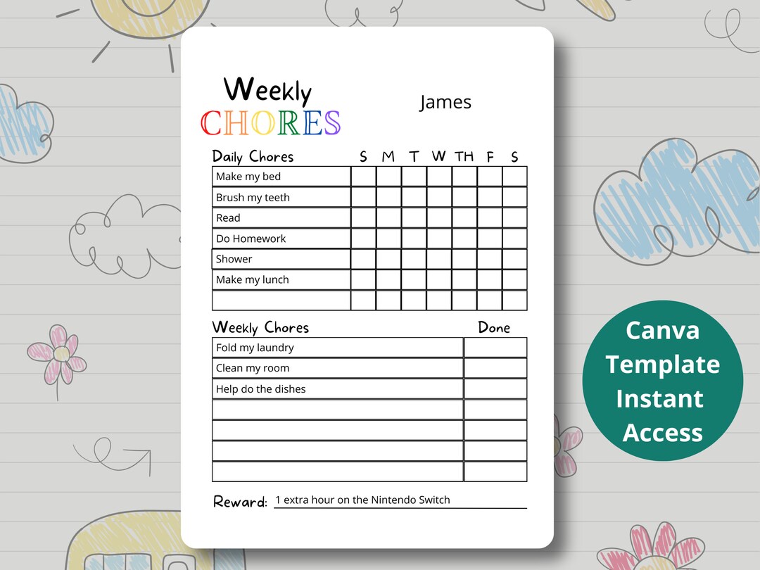Chore Chart Canva Template for Kids, Kids Chores, Kids Chore Chart ...