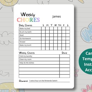 Chore Chart Canva Template for Kids, Kids Chores, Kids Chore Chart, Responsibility Chart, Chore Chart Printable, Instant Download