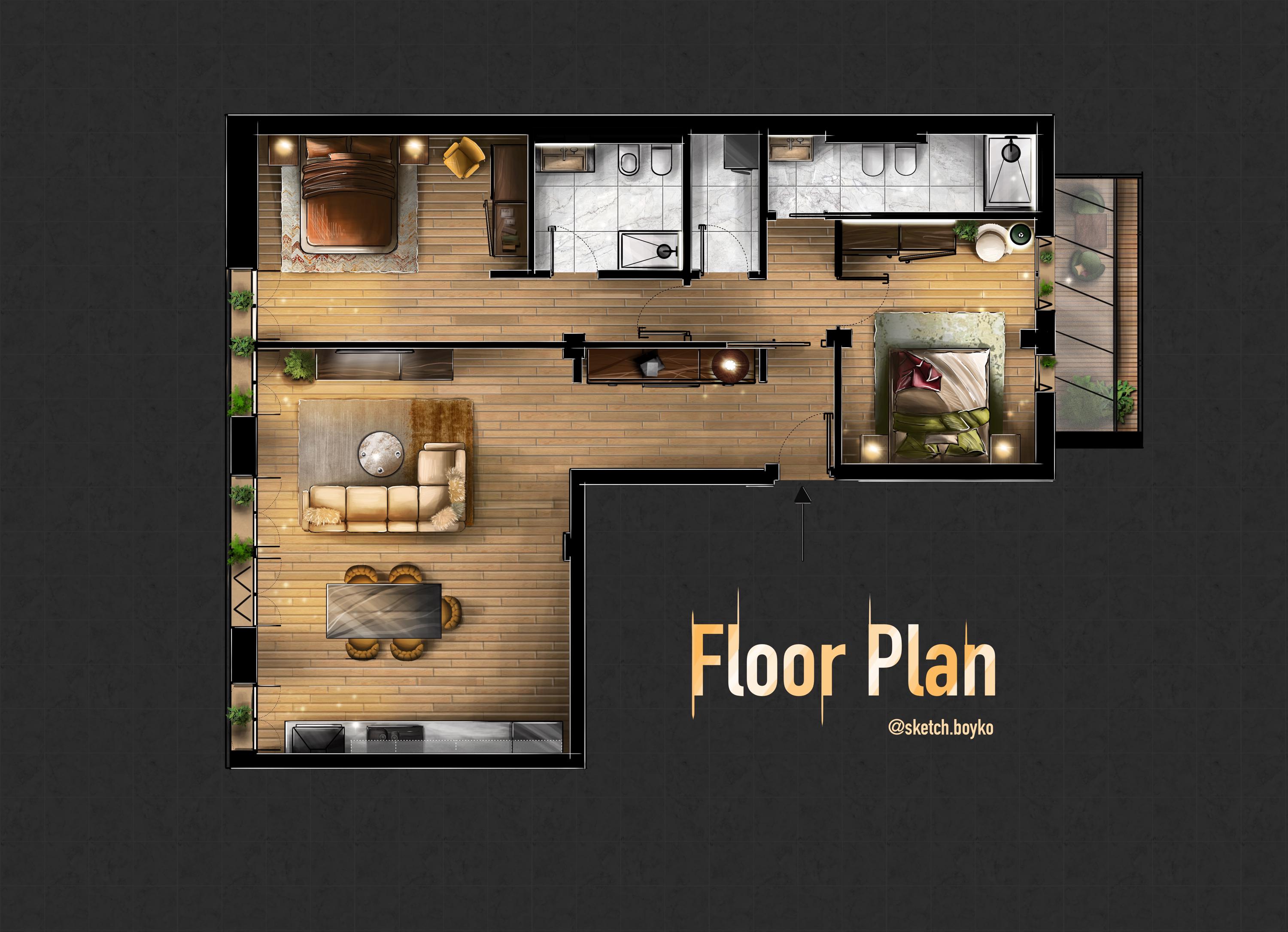 Floor Plan Hand-drawn Rendering /original Hand-drawn Rendering Floor ...