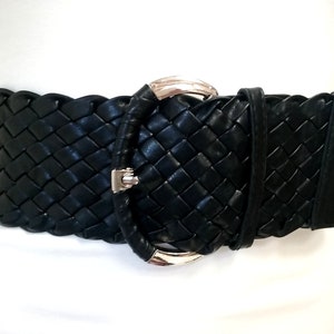 Braided Black Faux Leather Wide Belt: Round Buckle, Fits XS-L