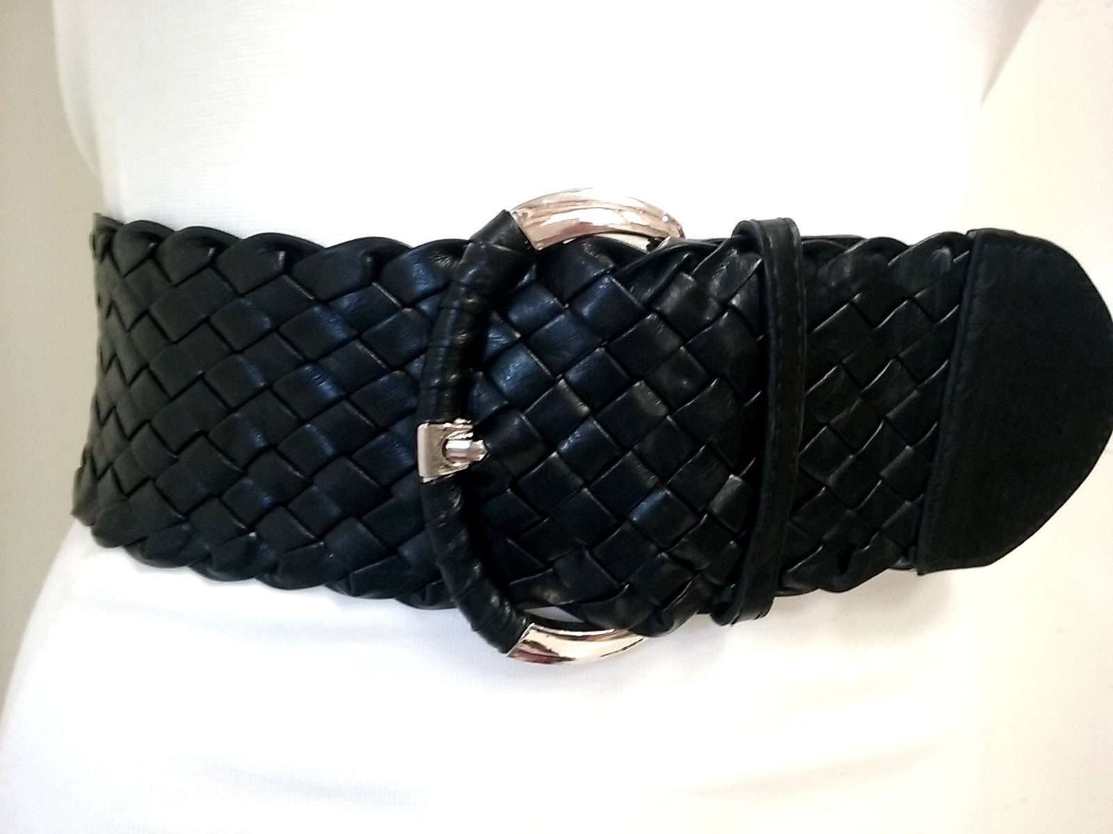 Wide Braided Elastic Waist Belt Black Soft Faux Leather 