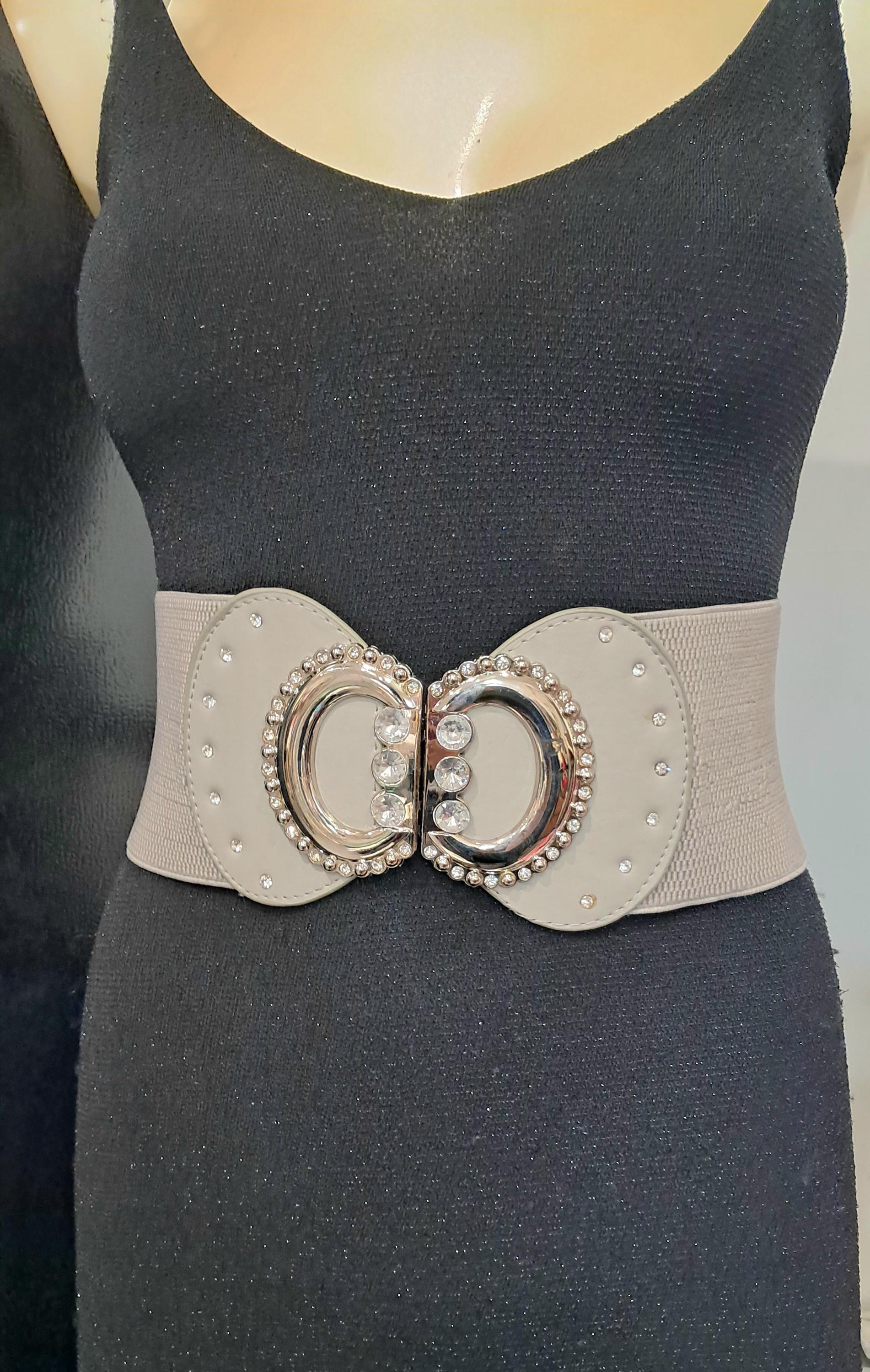 Elastic Wide Strap Gray Belt With With Metal & Rhinestones  display picture 3