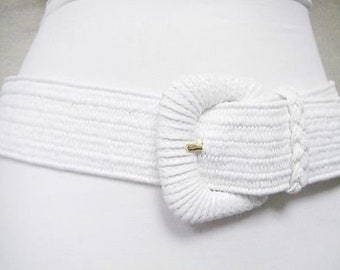 White Woven Stretch Belt: Adjustable Buckle, All Sizes